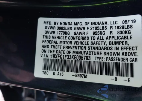 2019 Honda Civic Ex from USA, damaged, VIN 19XFC1F33KE005793